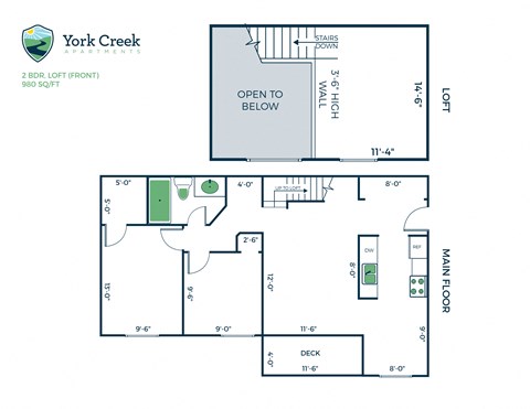 Floor plan for 2 beds, 1 bath, 980 sqft